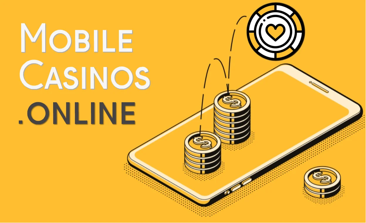 The image describes the concepts of Mobile Casinos. Mobile Phone, chips and website address on a yellow-orange background.